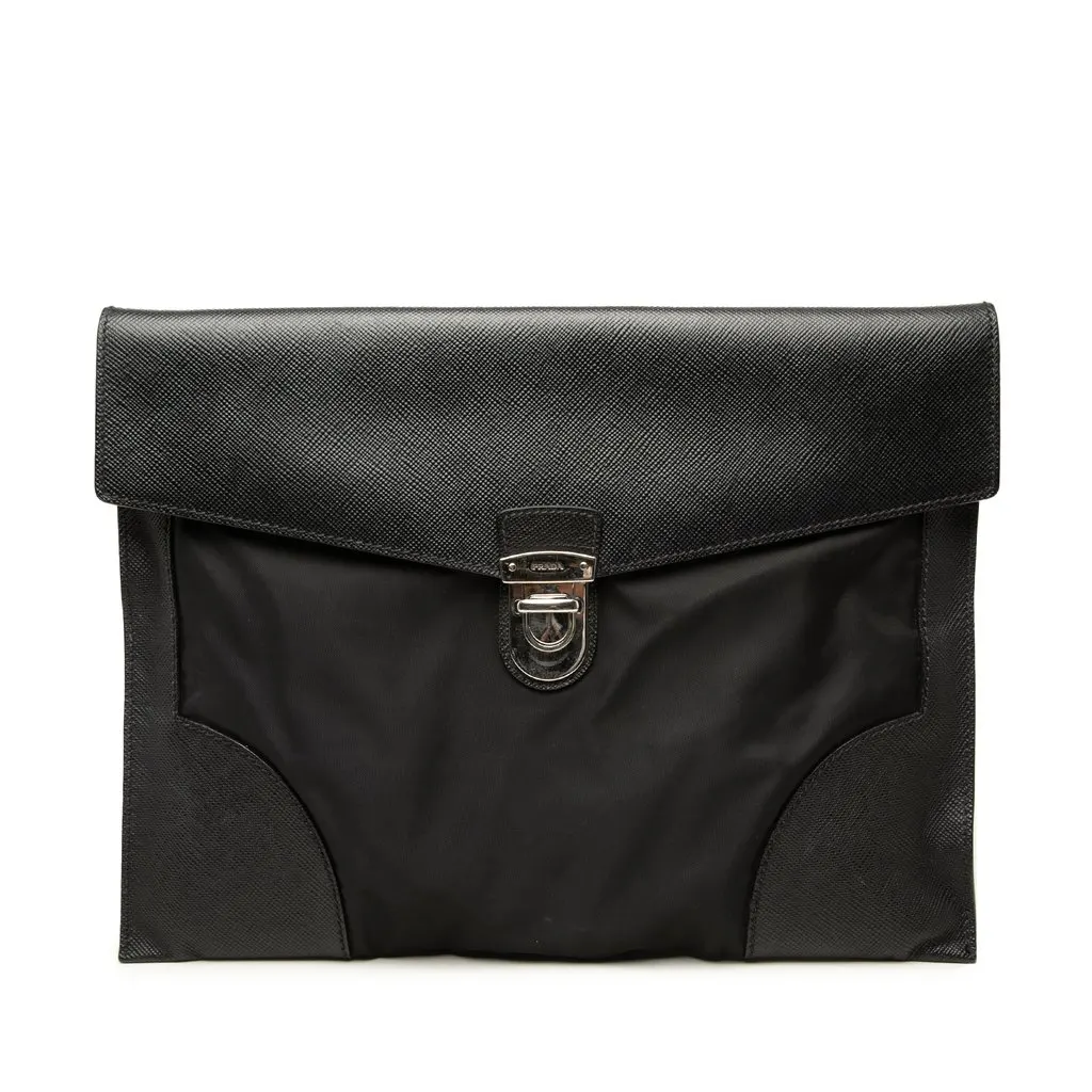 Prada Saffiano Trimmed Tessuto Clutch Black Very good - Front View