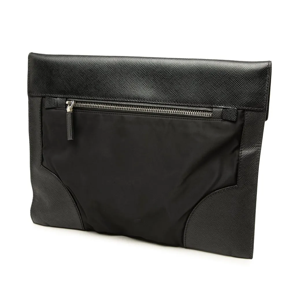 Prada Saffiano Trimmed Tessuto Clutch Black Very good - Back View