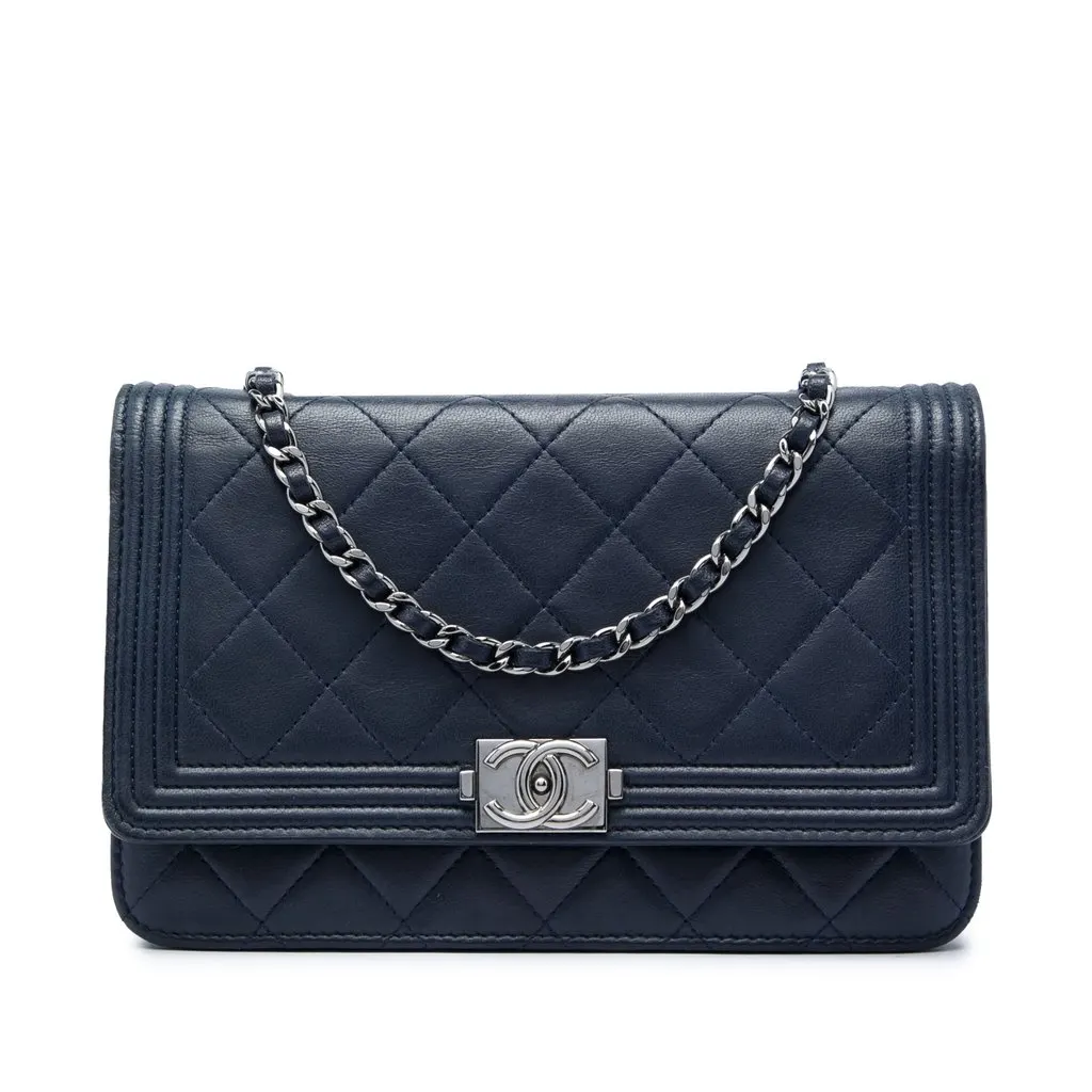 Chanel Quilted Lambskin Boy Wallet On Chain Blue Leather Very good - Front View