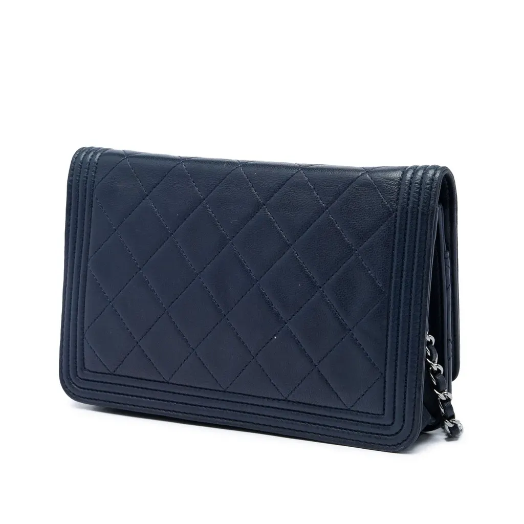 Chanel Quilted Lambskin Boy Wallet On Chain Blue Leather Very good - Back View
