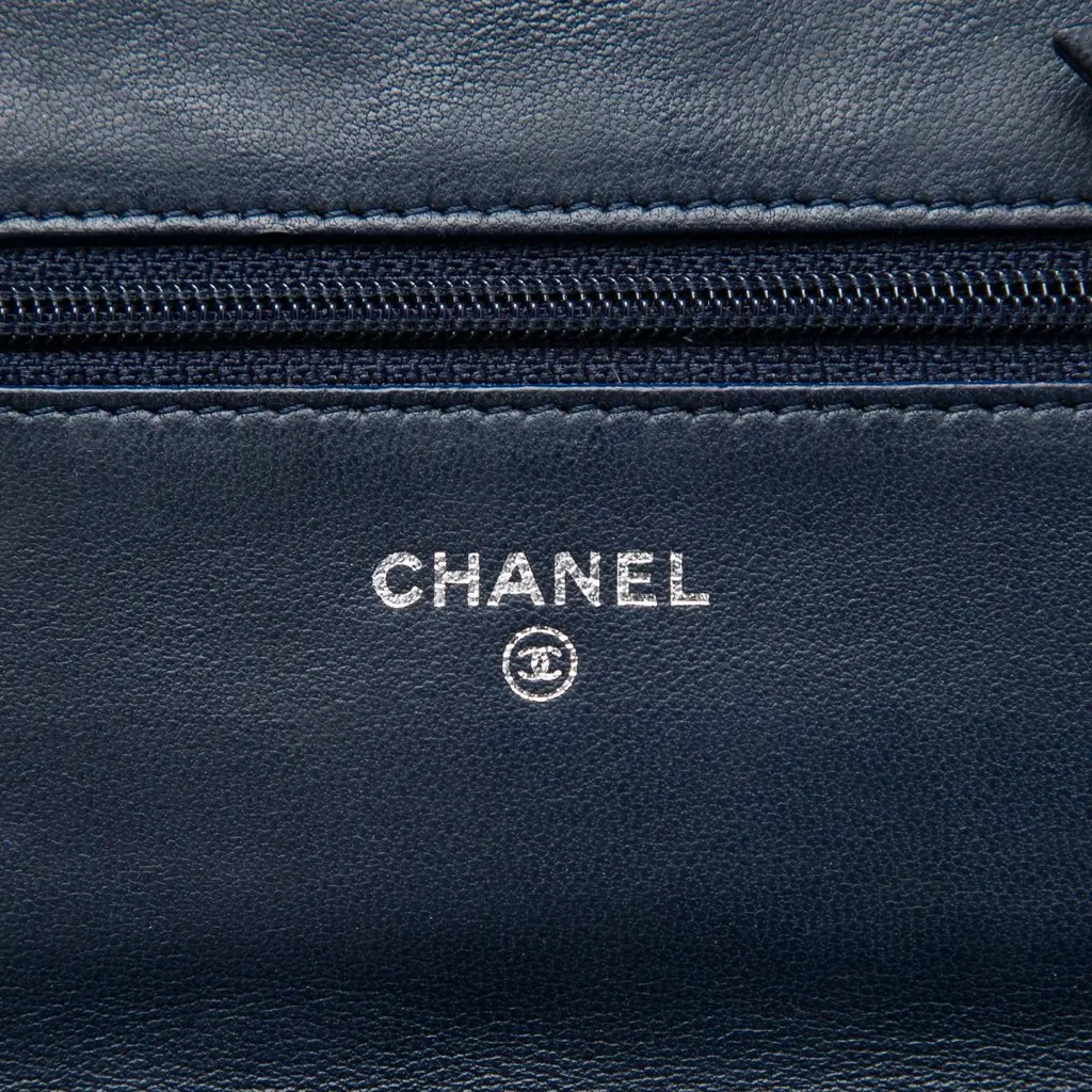 Chanel Quilted Lambskin Boy Wallet On Chain Blue Leather Very good - Box View