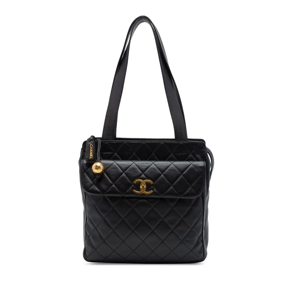 Chanel CC Quilted Lambskin Front Pocket Tote Black Leather Very good - Front View