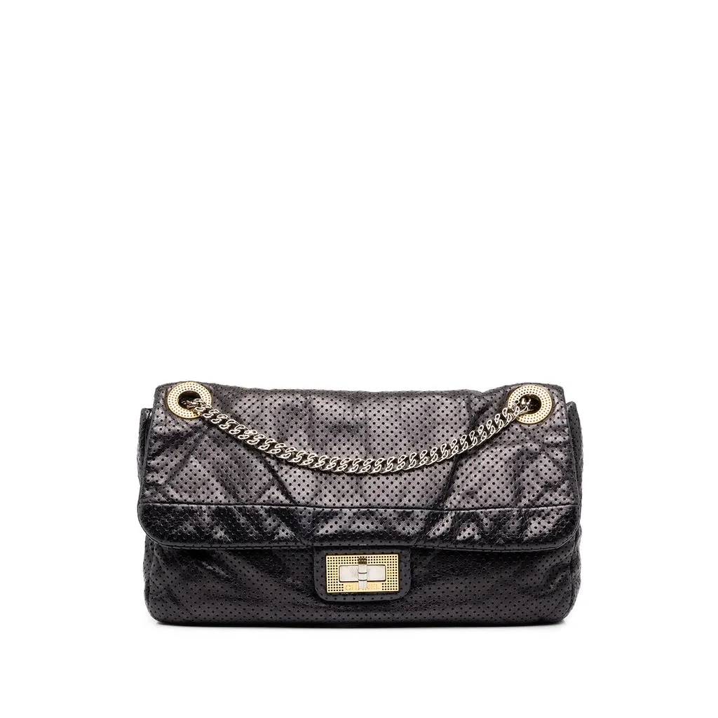 Chanel Medium Perforated Calfskin Reissue 2.55 Drill Flap Black Leather Good - Front View