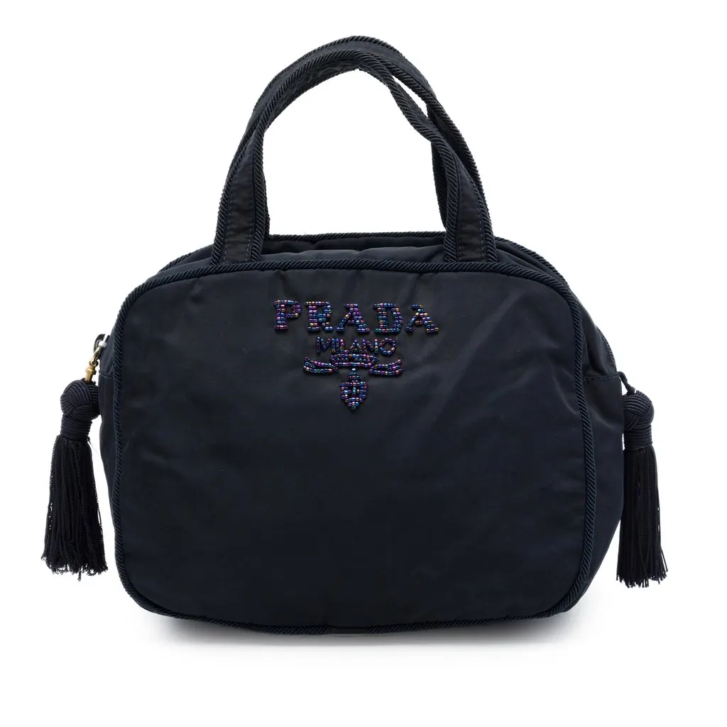 Prada Tessuto Beaded Logo Tassel Handbag Blue Polyamide Very good - Front View