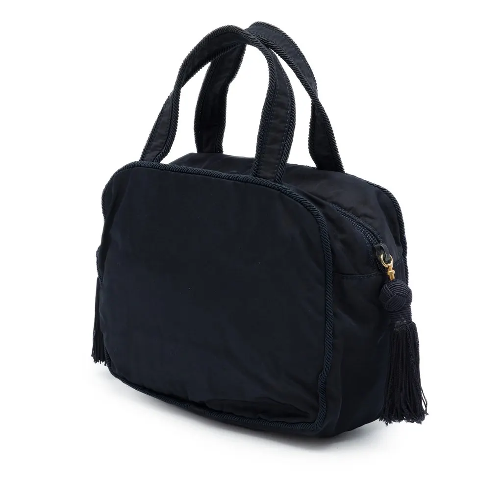 Prada Tessuto Beaded Logo Tassel Handbag Blue Polyamide Very good - Back View