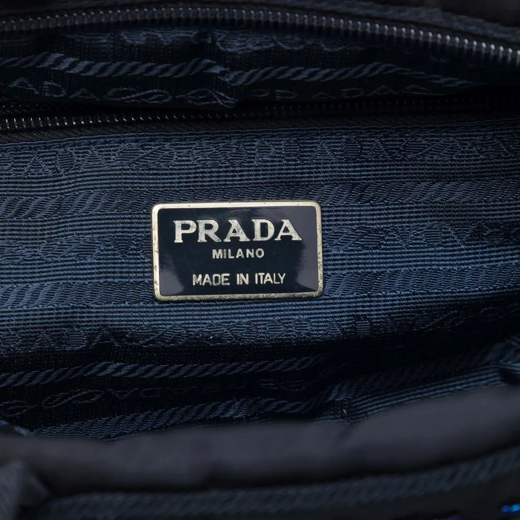 Prada Tessuto Beaded Logo Tassel Handbag Blue Polyamide Very good - Box View