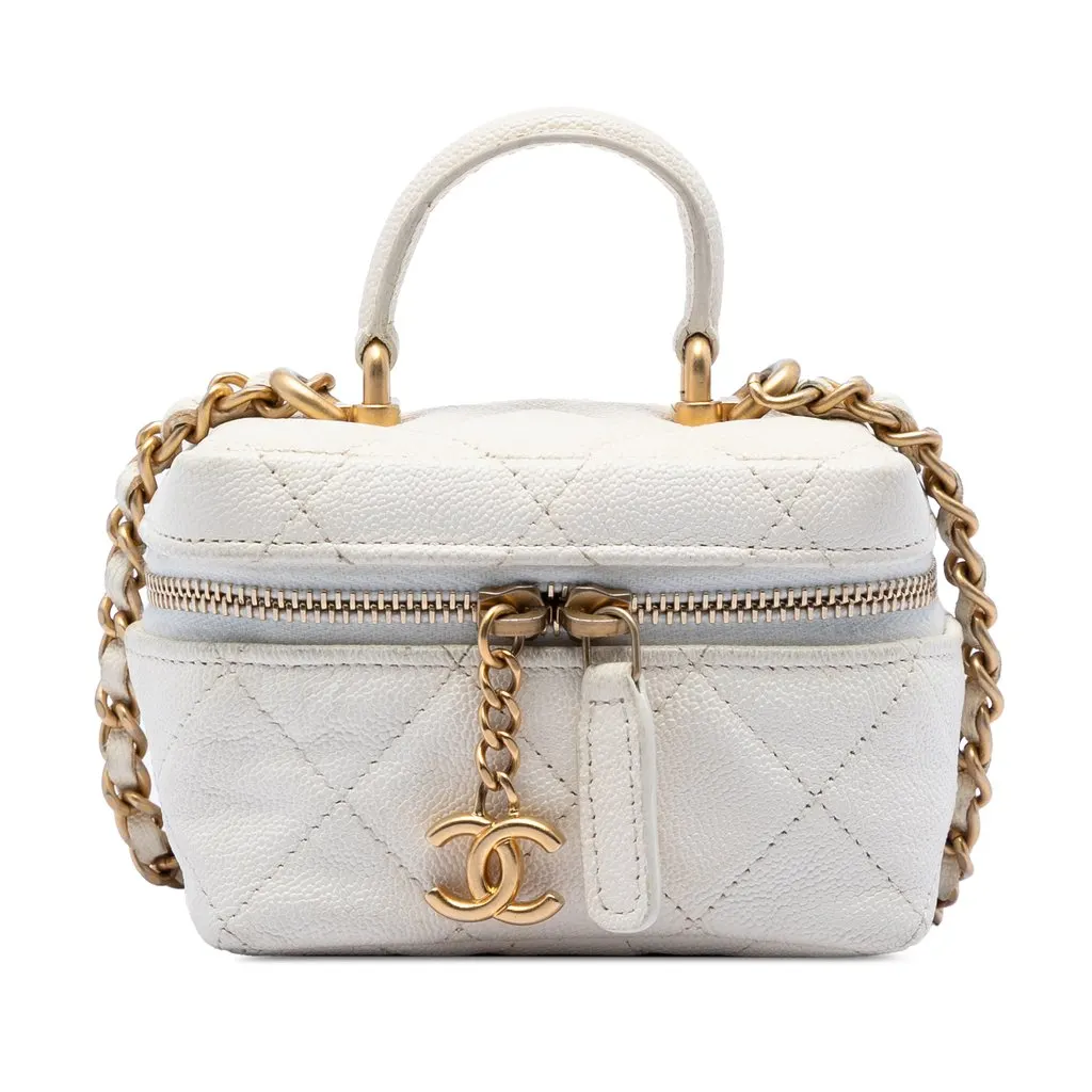 Chanel Mini Caviar Chain Zip Around Vanity Case White Leather Very good - Front View