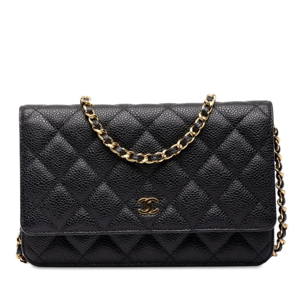 Chanel CC Quilted Caviar Wallet on Chain Black Leather Very good - Front View