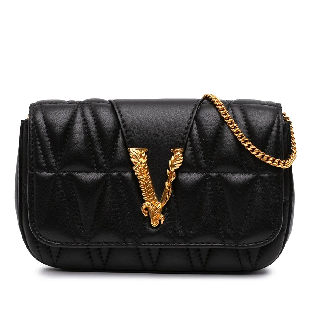 Versace Mini Quilted Leather Virtus V Crossbody Black Leather Very good - Front View