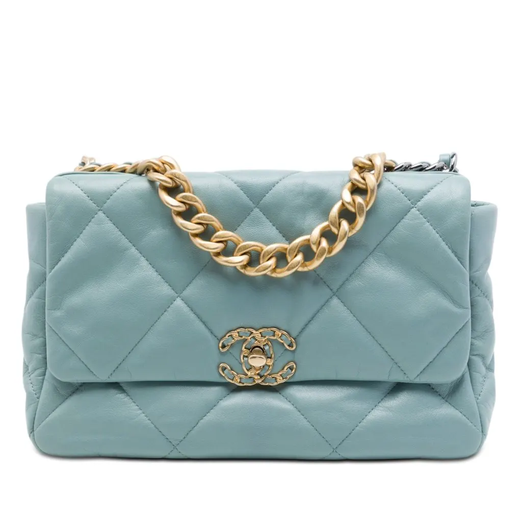 Chanel Large Lambskin 19 Flap Blue Leather Very good - Front View