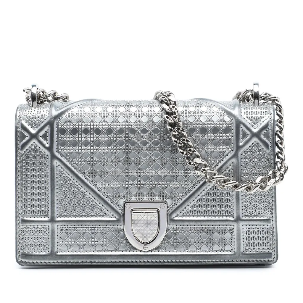 Dior Mini Metallic Patent Microcannage Diorama Flap Silver Leather Very good - Front View