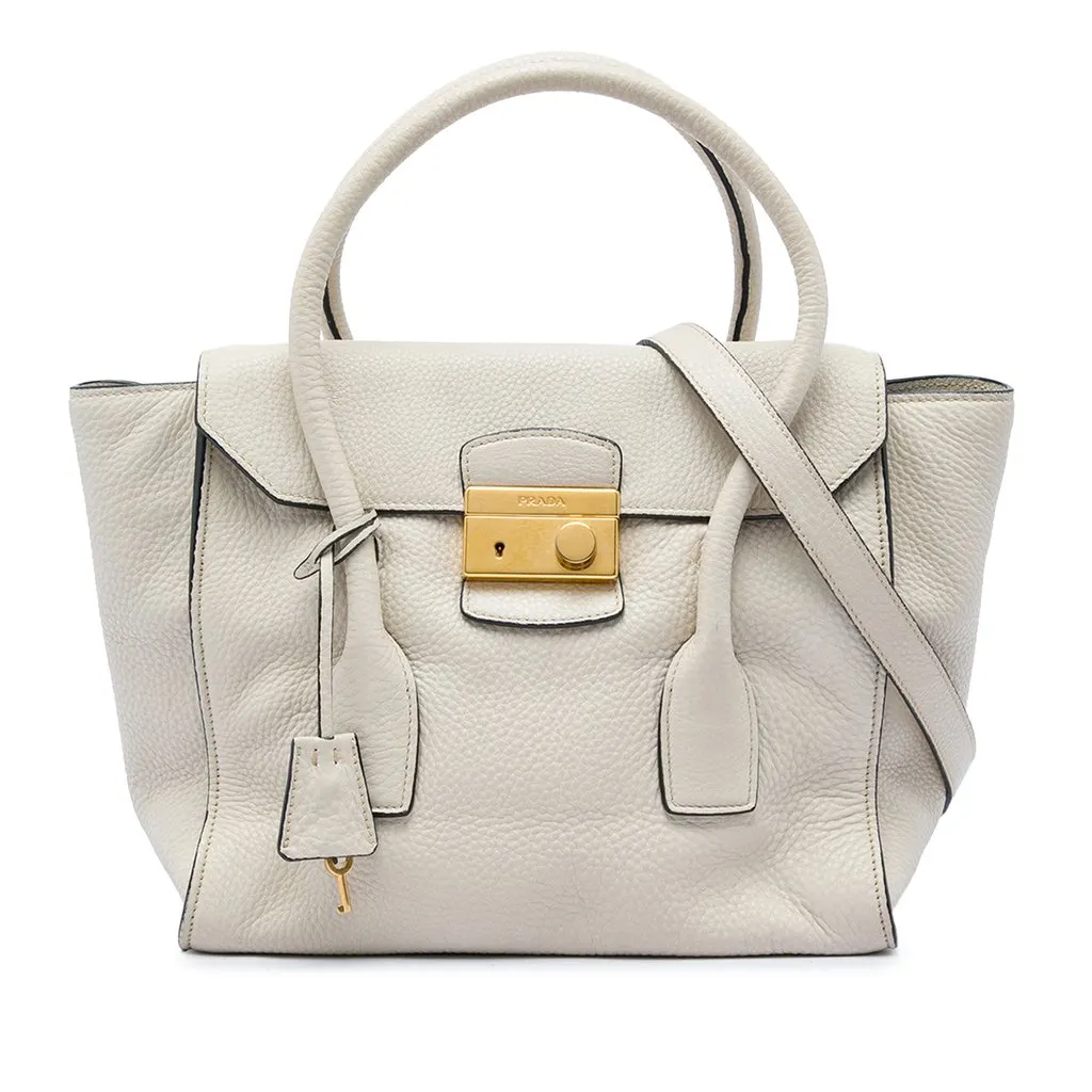 Prada Vitello Daino Sound Lock Satchel White Leather Good - Front View