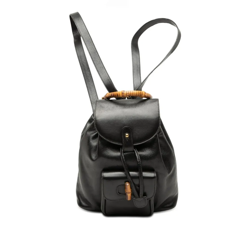 Gucci Calfskin Bamboo Drawstring Backpack Black Leather Very good - Front View