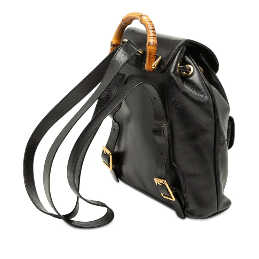 Gucci Calfskin Bamboo Drawstring Backpack Black Leather Very good - Back View