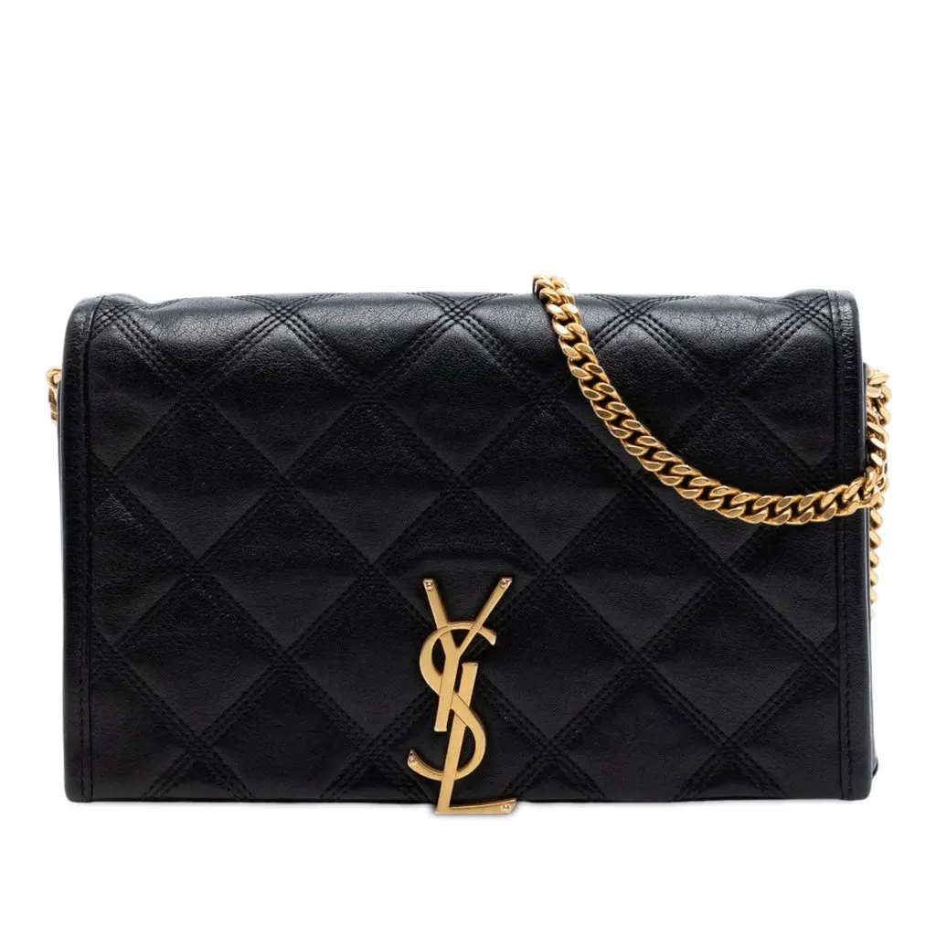 Saint Laurent Quilted Diamond Lambskin Becky Wallet on Chain Black Leather Very good - Front View