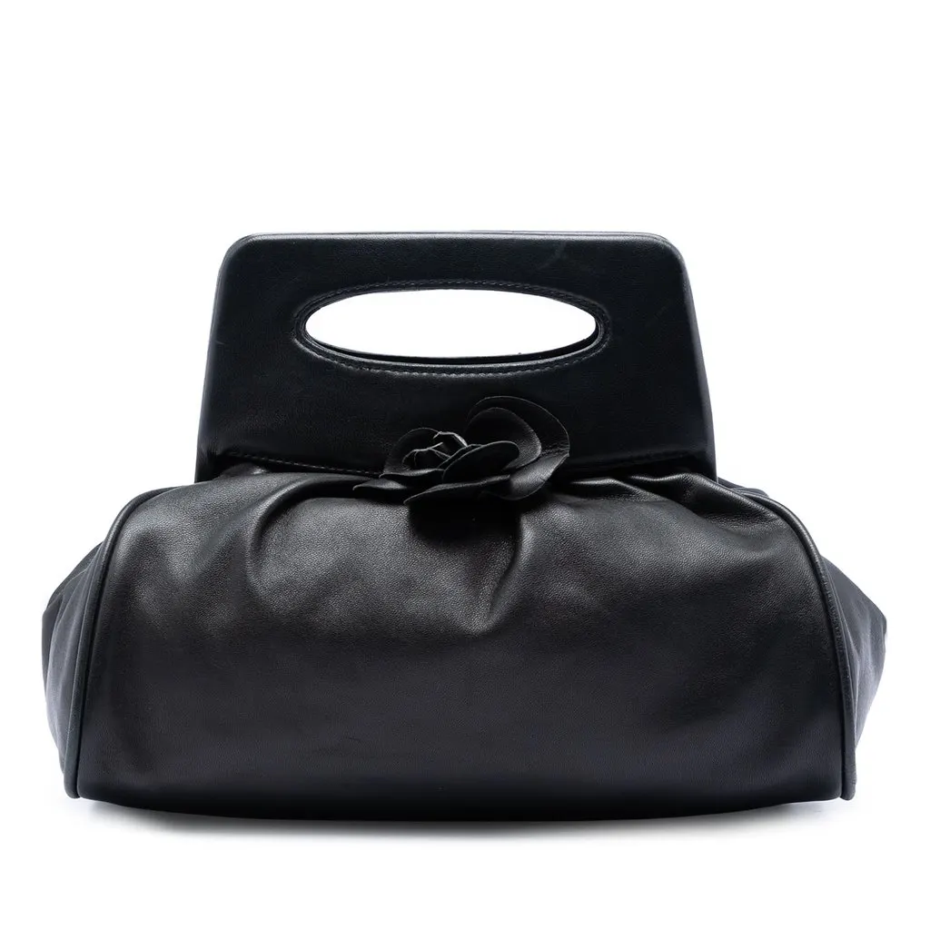 Chanel Lambskin Camellia Top Handle Frame Bag Black Leather Very good - Front View