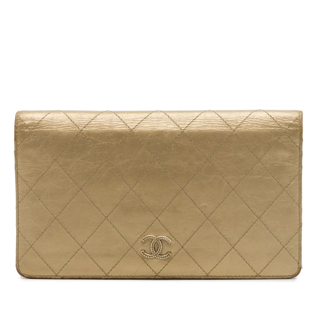 Chanel Quilted Metallic Aged Calfskin Palette Yen Bifold Long Wallet Gold Leather Very good - Front View