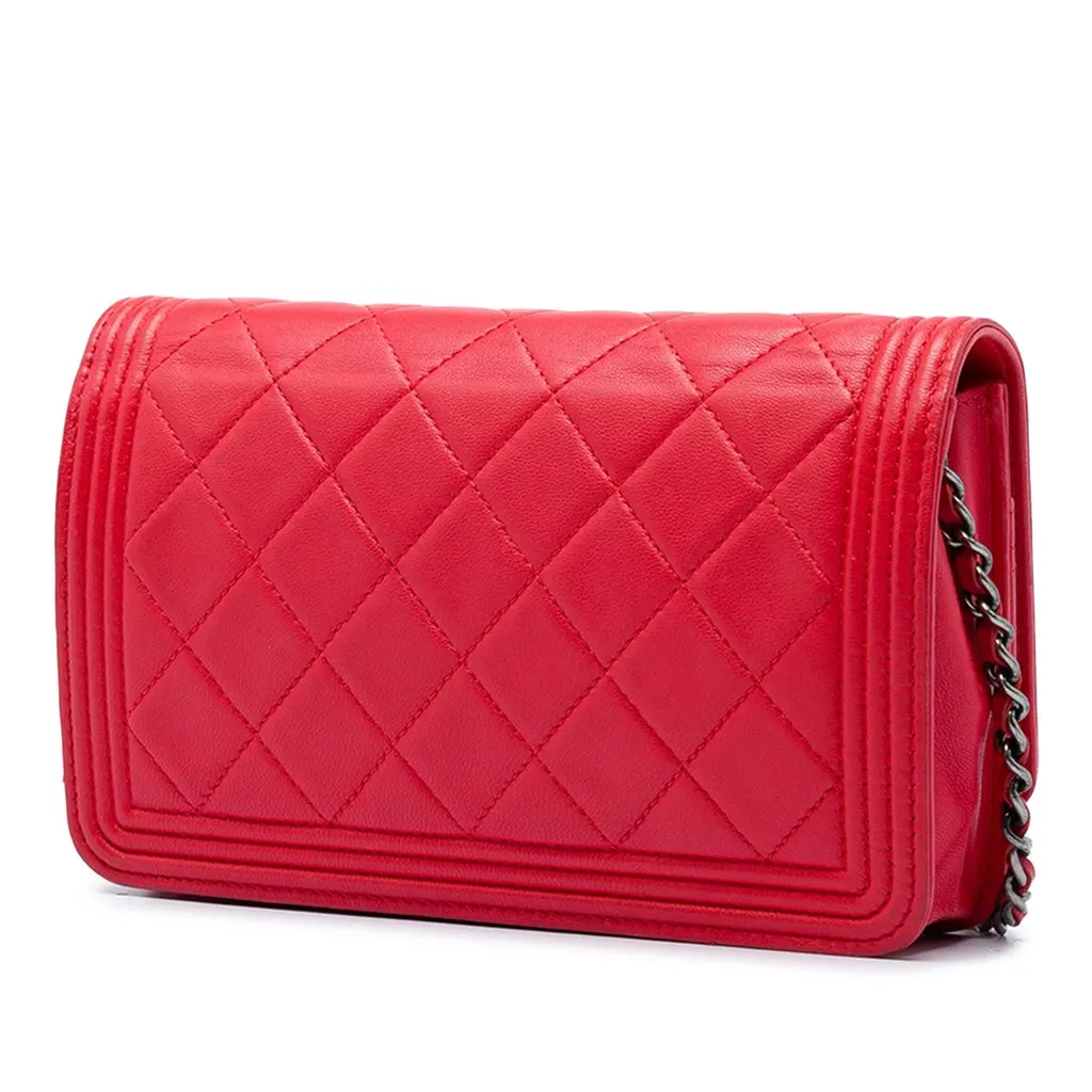 Chanel Quilted Lambskin Boy Wallet On Chain Red Leather Very good - Back View