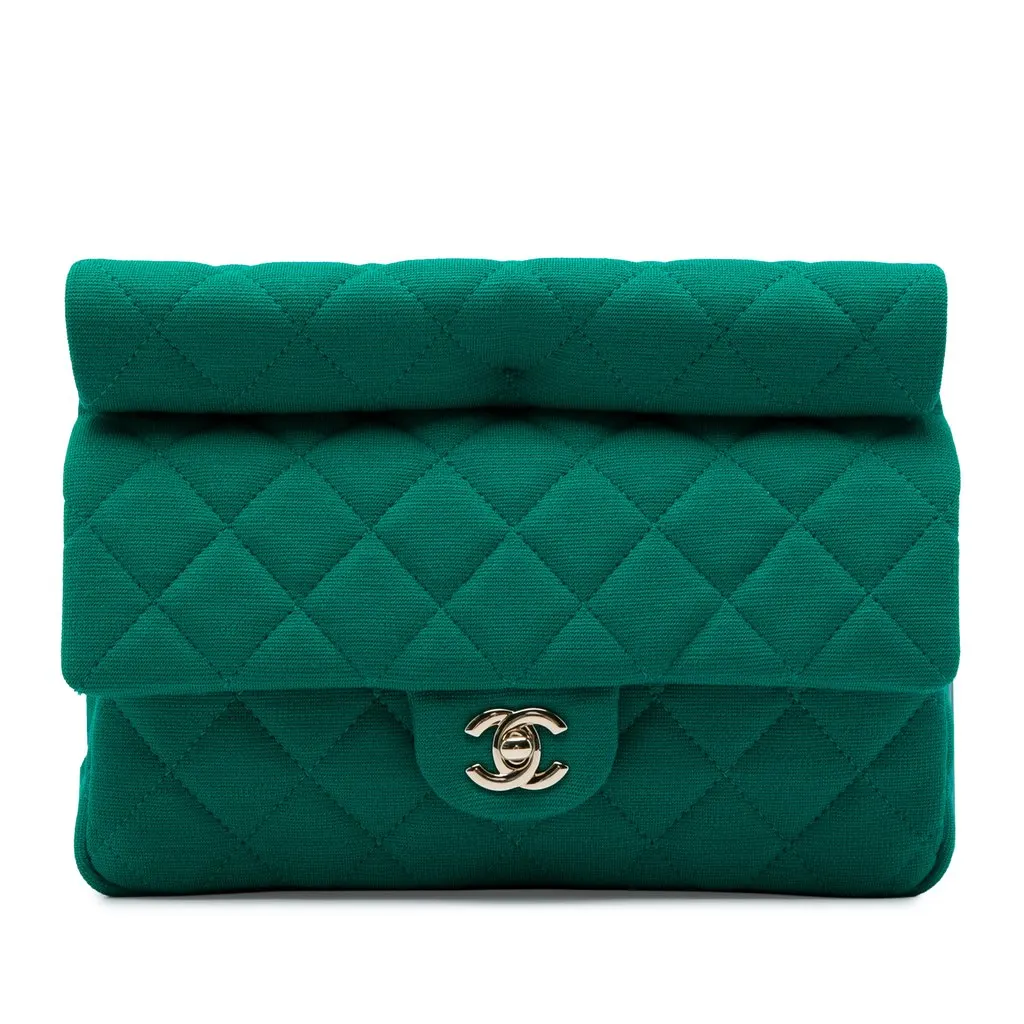 Chanel CC Quilted Jersey Roll Clutch Green Cotton Very good - Front View
