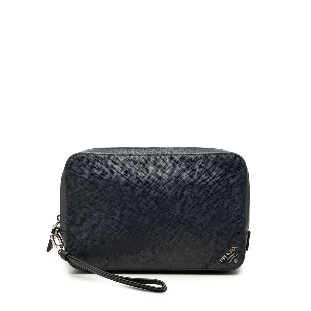 Prada Saffiano Wristlet Clutch Blue Leather Good - Front View