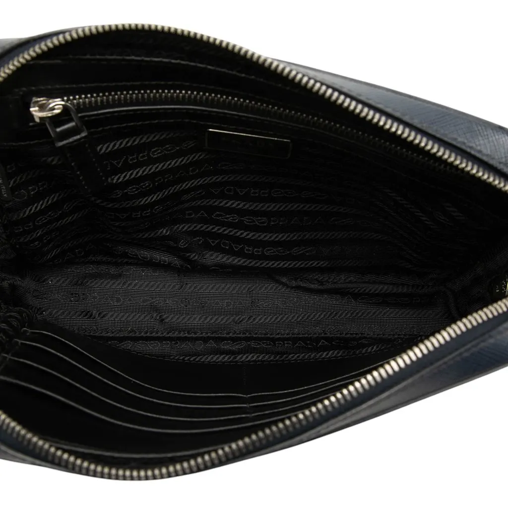 Prada Saffiano Wristlet Clutch Blue Leather Good - Model View