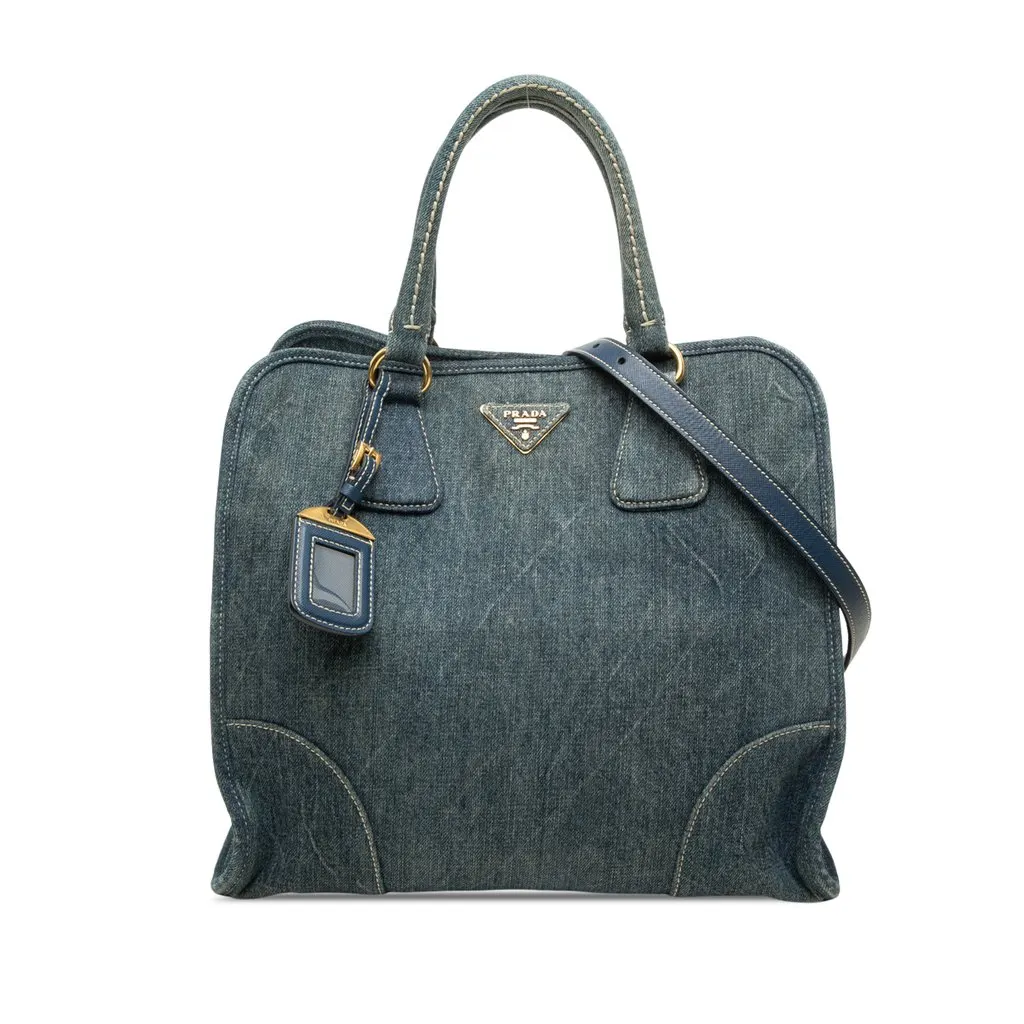 Prada Denim Open Convertible Tote Blue Denim Good - Front View