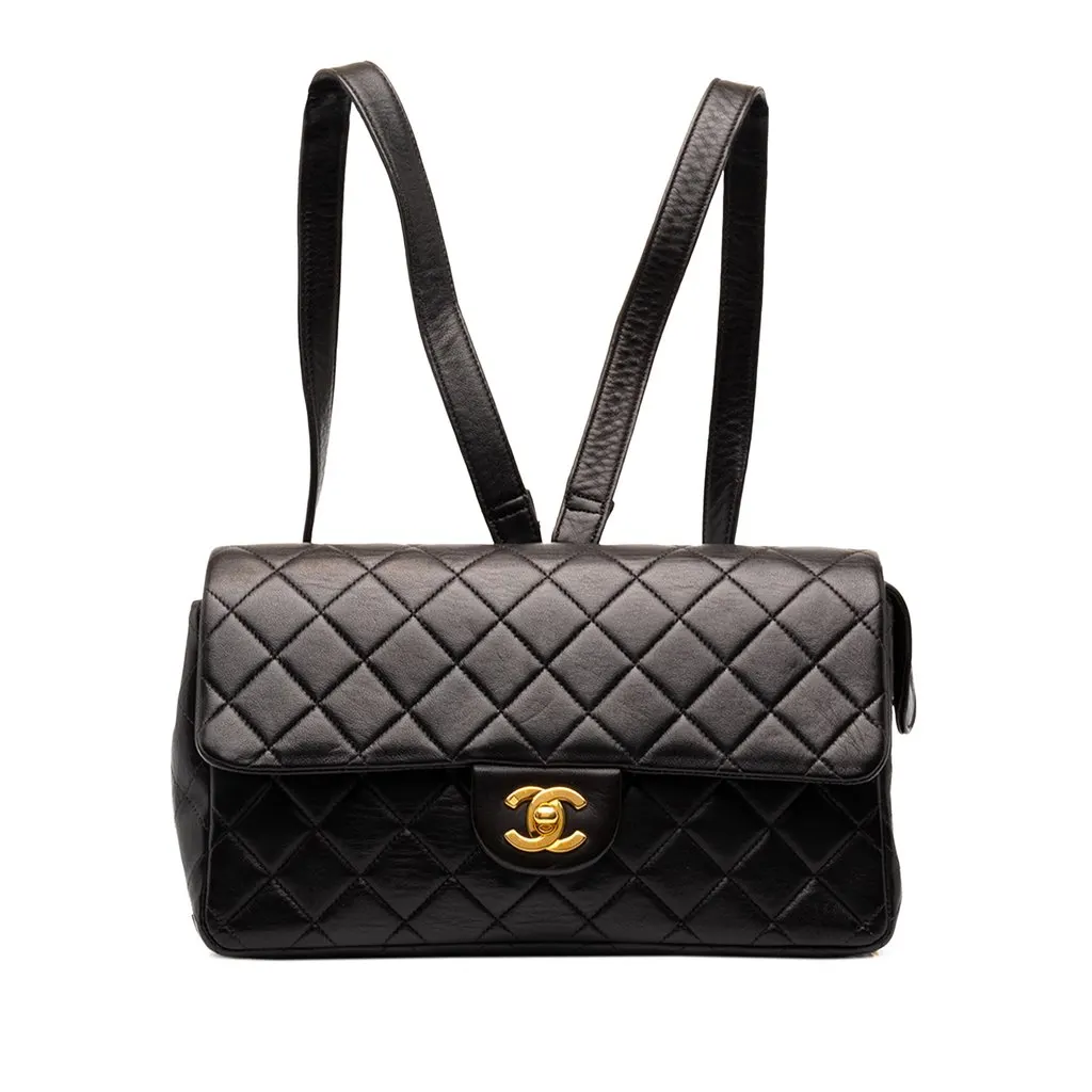 Chanel Medium Quilted Lambskin Flap Backpack Black Leather Good - Front View