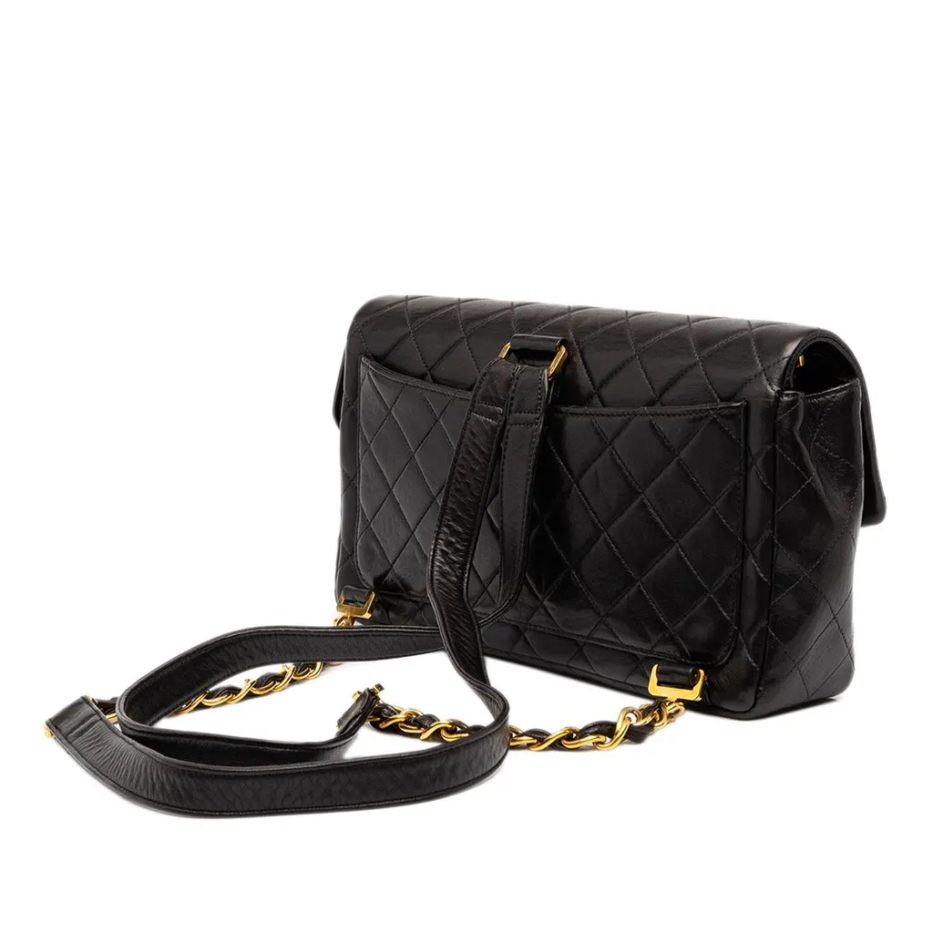 Chanel Medium Quilted Lambskin Flap Backpack Black Leather Good - Back View