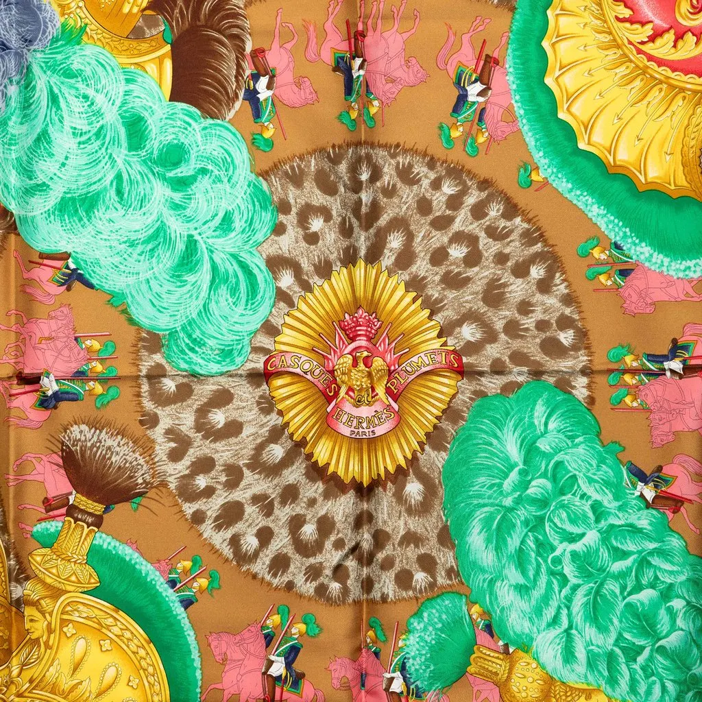 Hermès Casques et Plumets Silk Scarf 90 Brown Never worn - Back View
