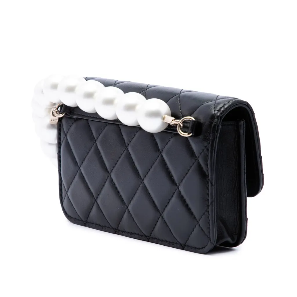 Chanel Quilted Lambskin Maxi Pearls Clutch With Chain Black Leather Very good - Back View