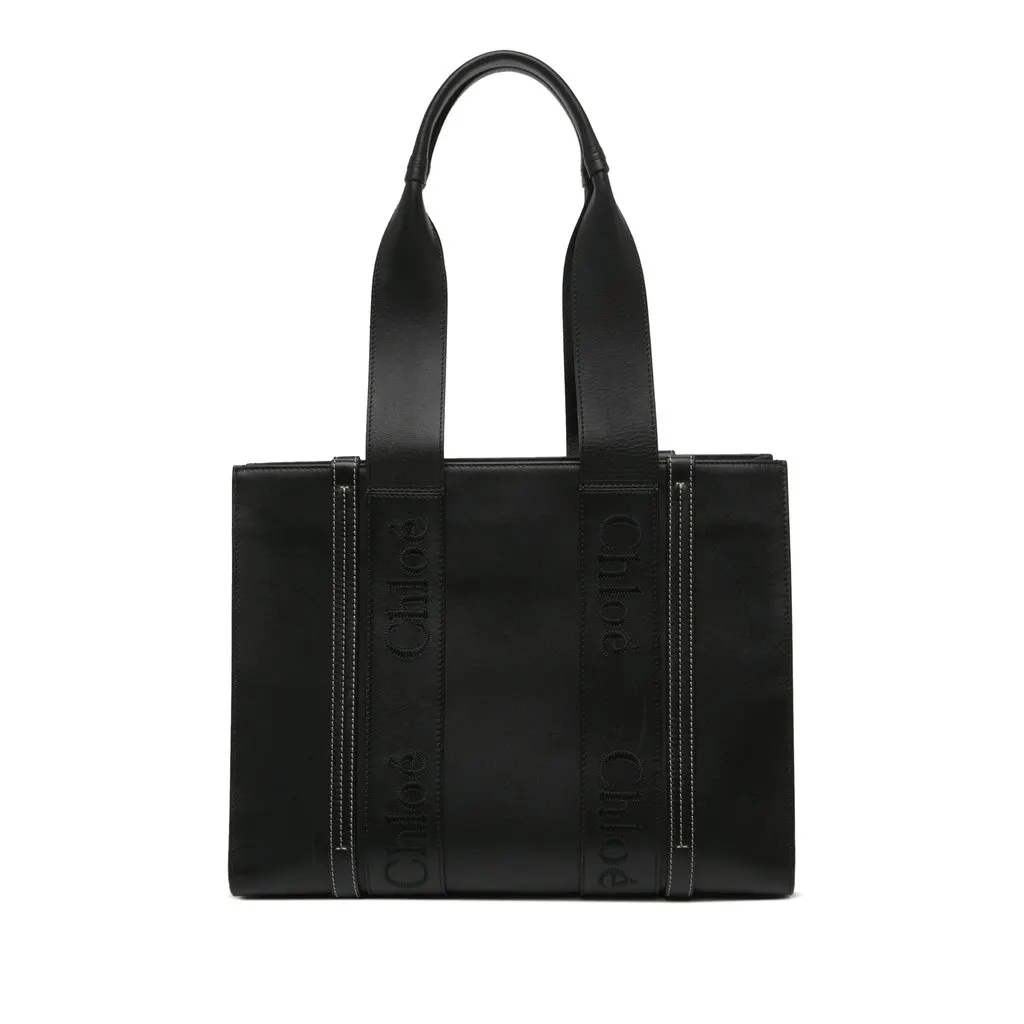Chloé Medium Calfskin Woody Tote Black Leather Very good - Front View
