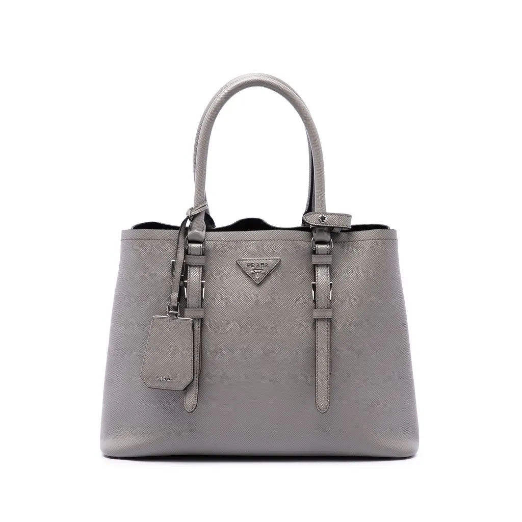 Prada Medium Saffiano Cuir Double Handle Satchel Grey Leather Good - Front View