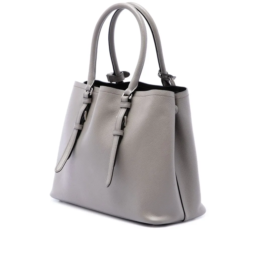 Prada Medium Saffiano Cuir Double Handle Satchel Grey Leather Good - Back View