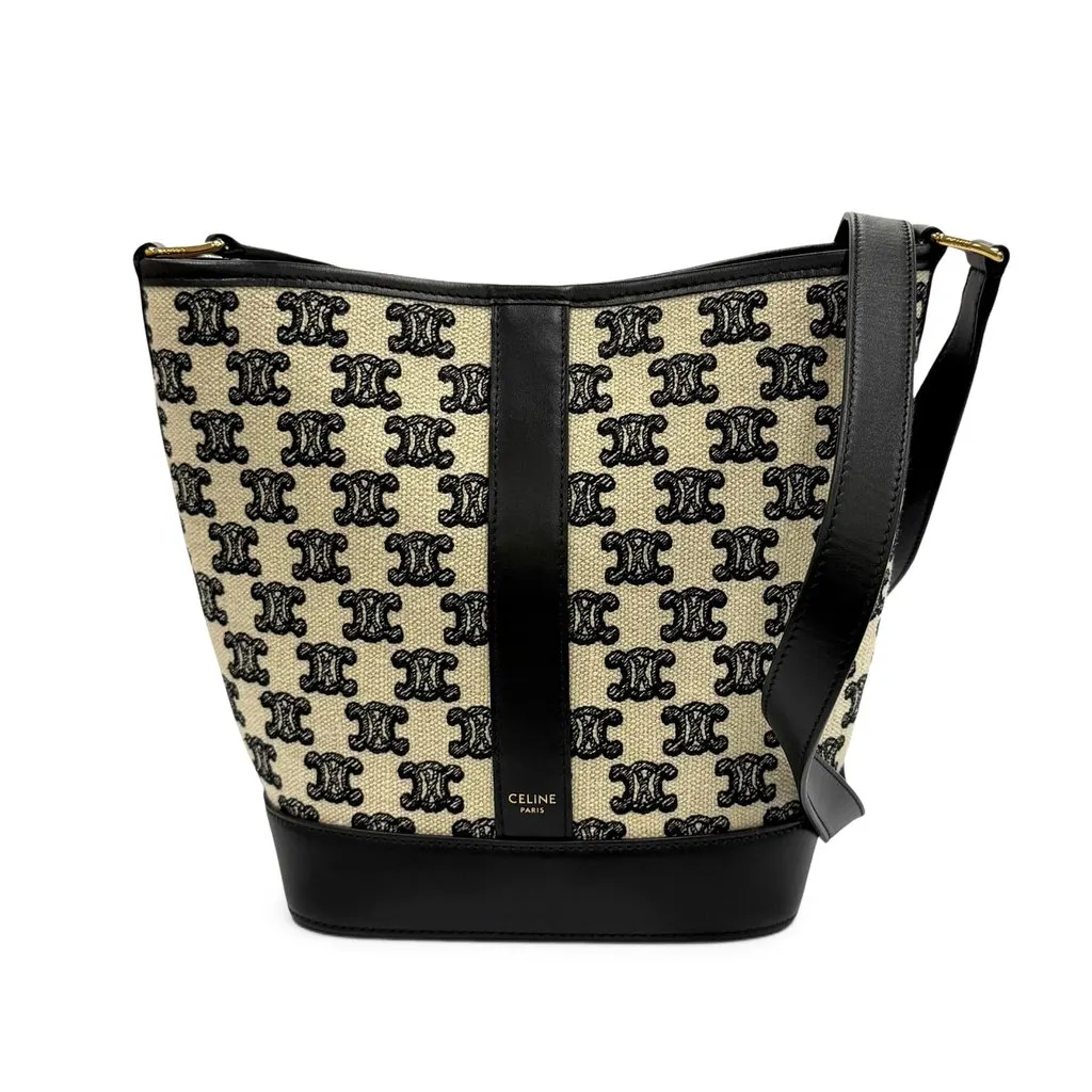 Celine Small Triomphe Embroidered Canvas Bucket Bag Brown Very good - Front View