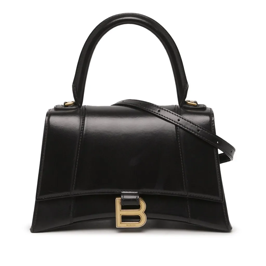 Balenciaga Small Shiny Box Calfskin Hourglass Top Handle Bag Black Leather Very good - Front View