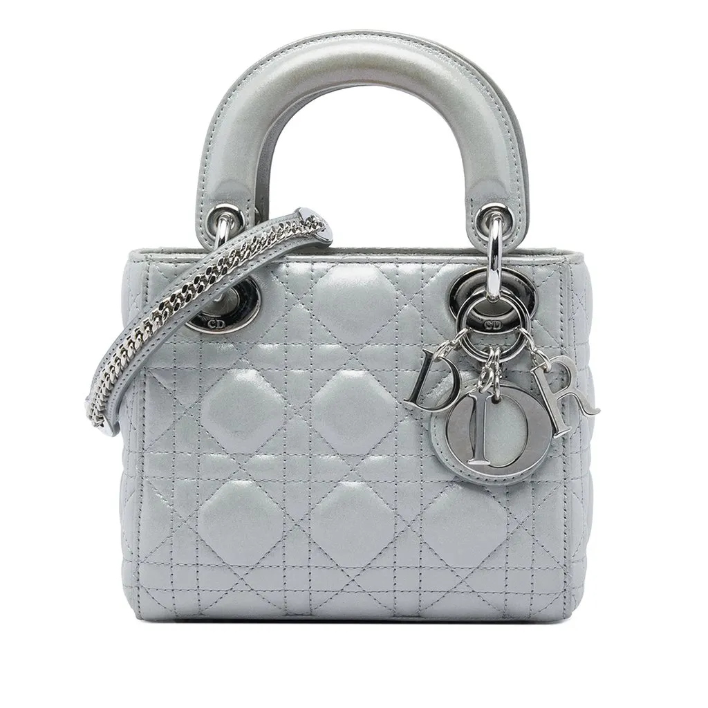 Dior Mini Iridescent Lambskin Cannage Lady Dior Silver Leather Very good - Front View