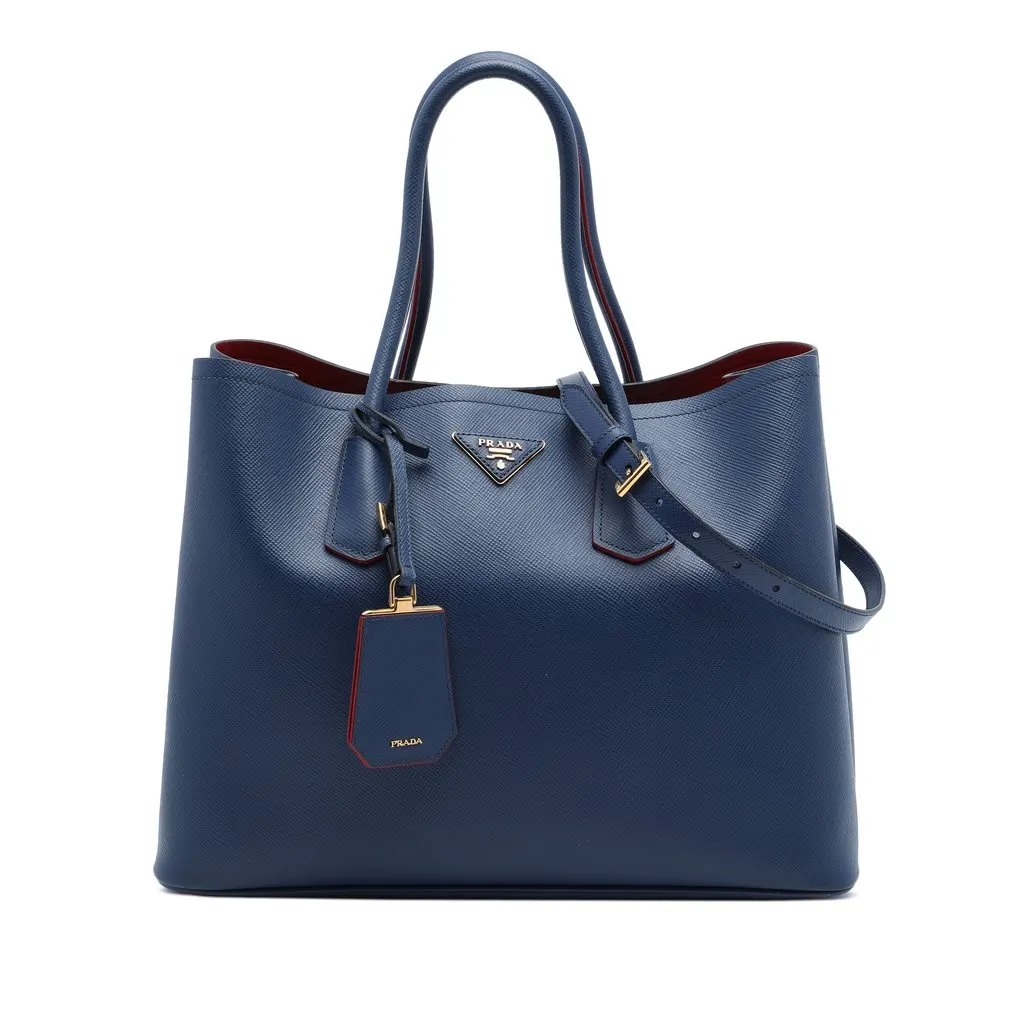Prada Large Saffiano Cuir Double Satchel Blue Leather Very good - Front View