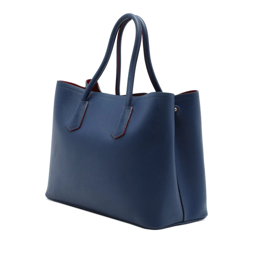 Prada Large Saffiano Cuir Double Satchel Blue Leather Very good - Back View