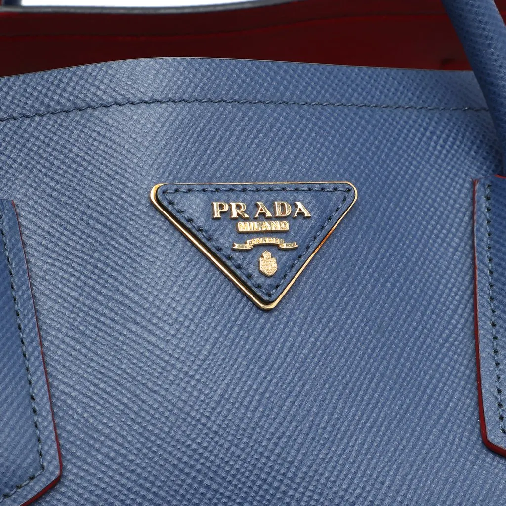 Prada Large Saffiano Cuir Double Satchel Blue Leather Very good - Box View