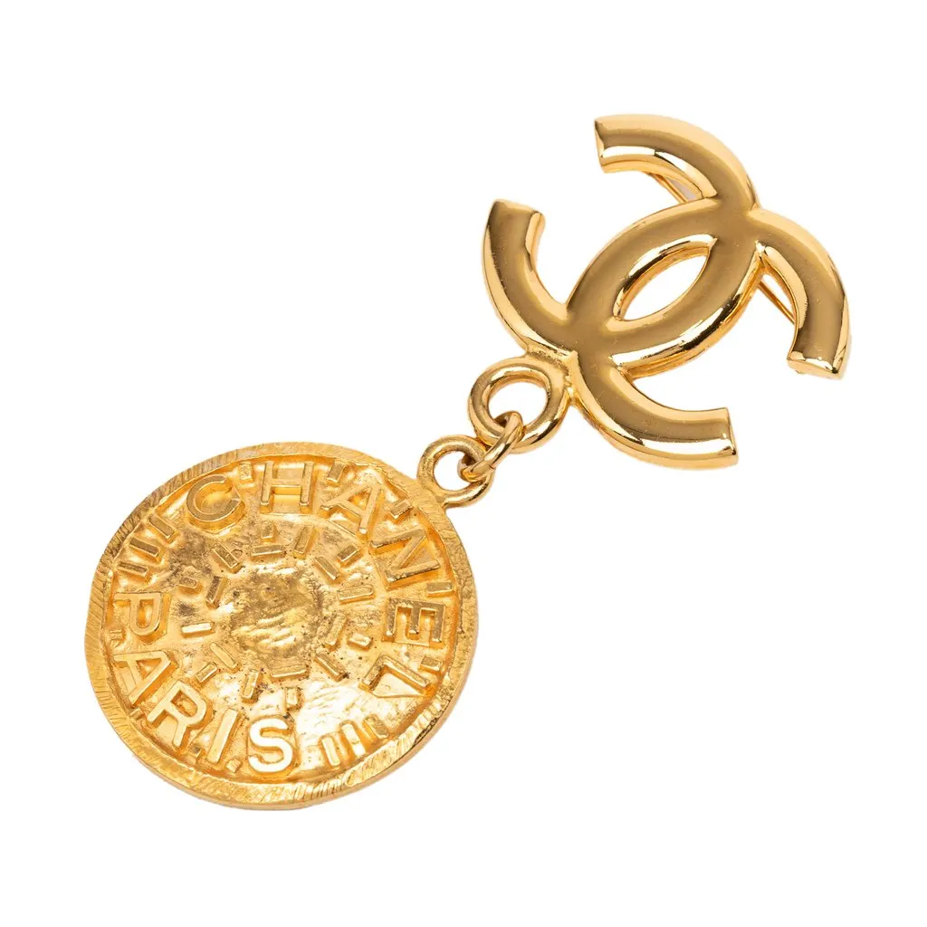 Chanel CC Gold Plated Medallion Drop Pin Brooch Gold Metal Very good - Front View