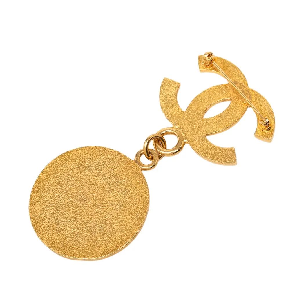 Chanel CC Gold Plated Medallion Drop Pin Brooch Gold Metal Very good - Back View