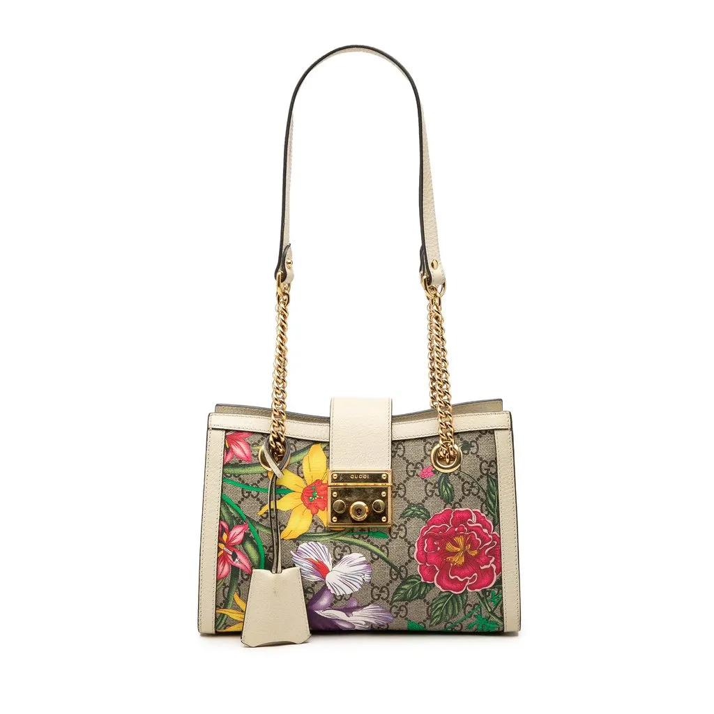 Gucci Small GG Supreme Flora Padlock Tote Beige Very good - Front View