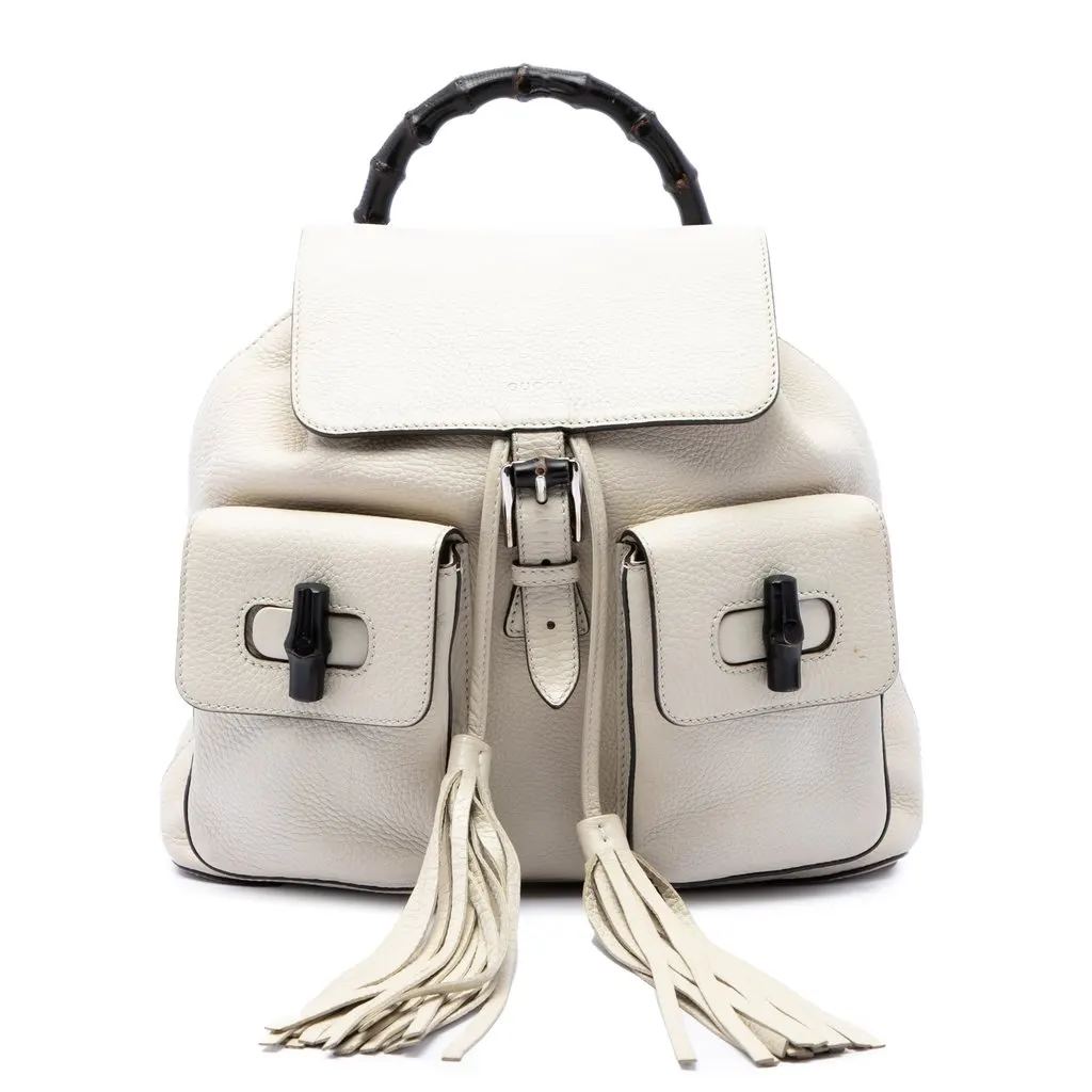 Gucci Grained Calfskin Bamboo Tassel Backpack White Leather Very good - Front View