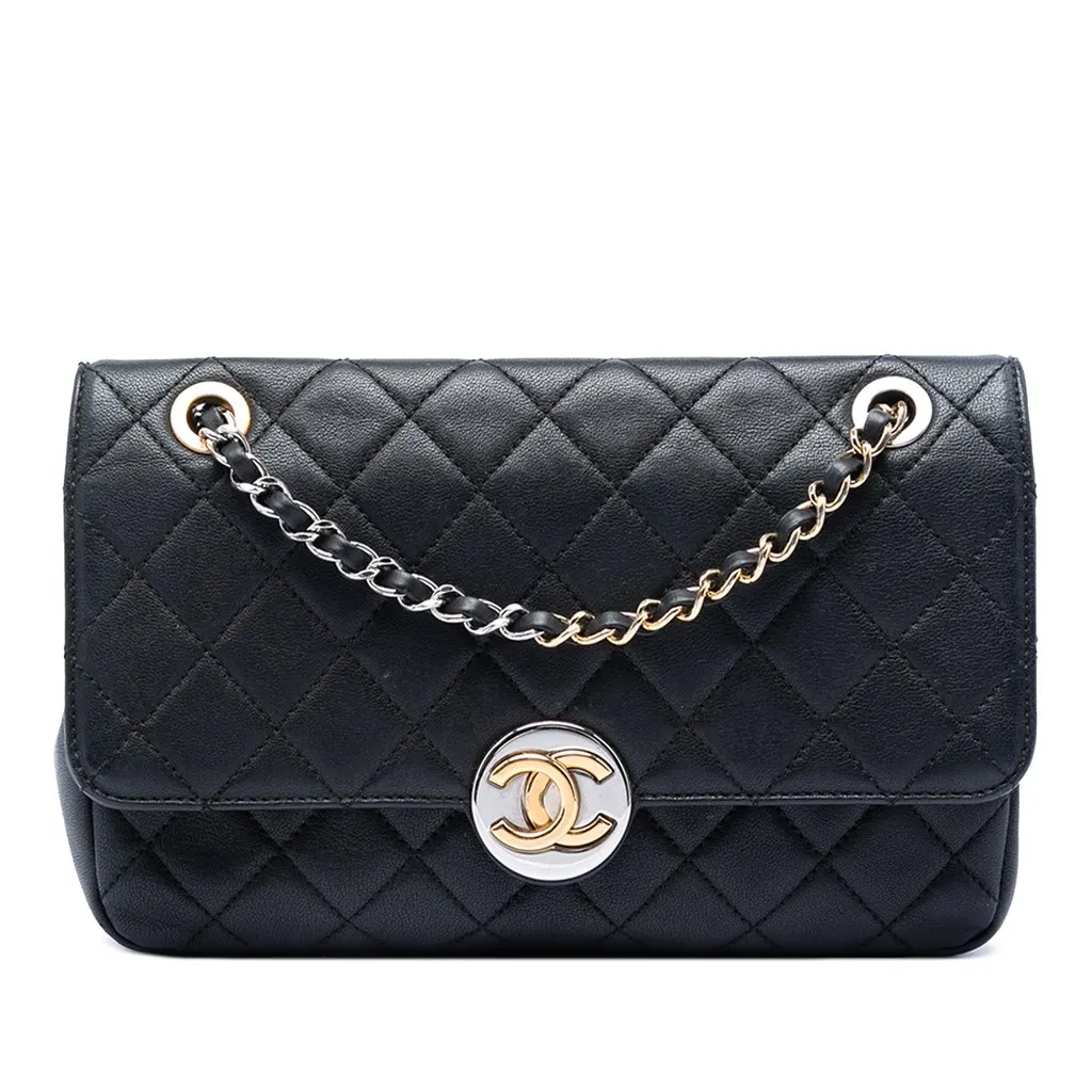 Chanel Quilted Lambskin Turn and Lock Flap Black Leather Very good - Front View