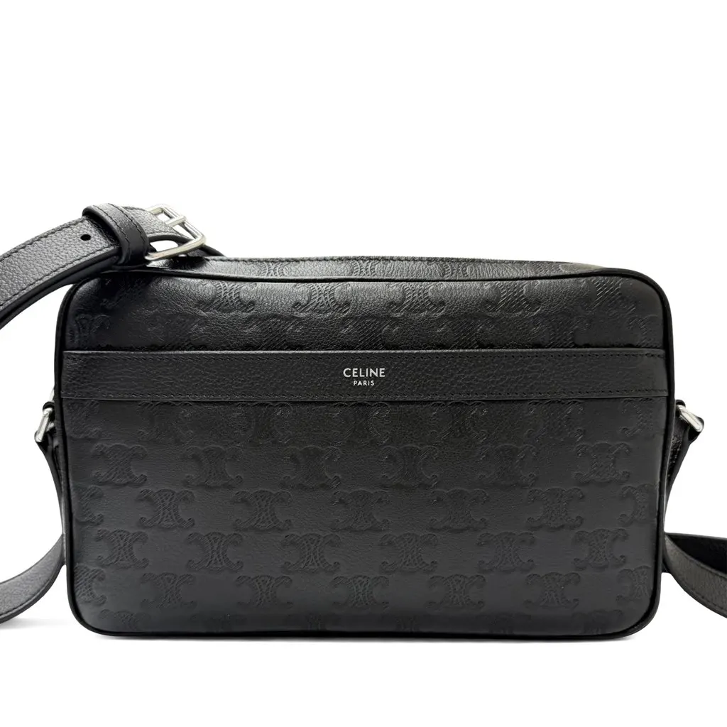 Celine Medium Triomphe Embossed Calfskin Messenger Bag Black Leather Very good - Front View