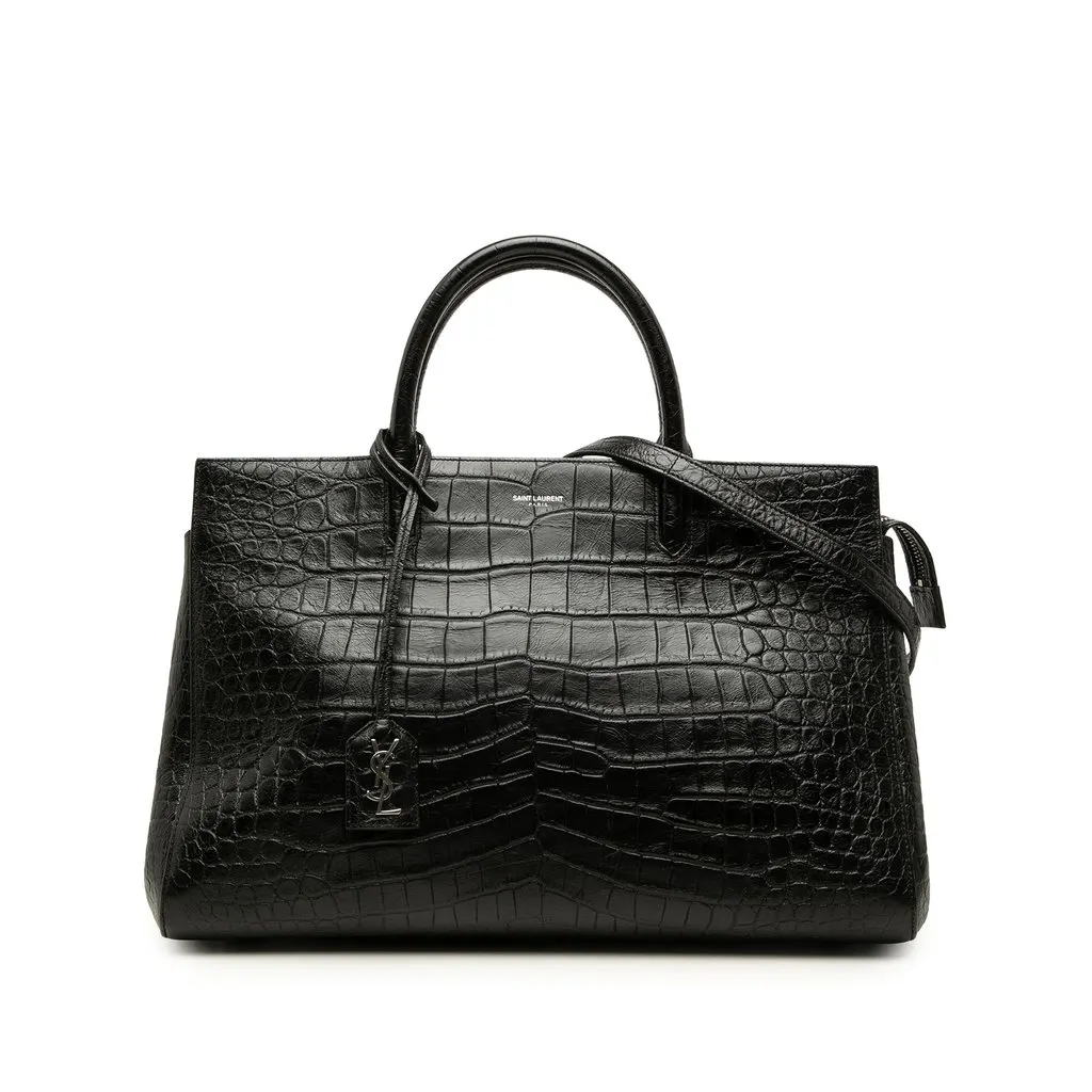 Saint Laurent Medium Croc Embossed Calfskin Cabas Rive Gauche Satchel Black Leather Good - Front View