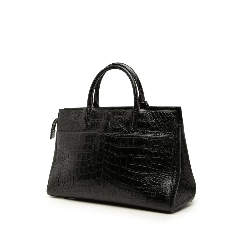 Saint Laurent Medium Croc Embossed Calfskin Cabas Rive Gauche Satchel Black Leather Good - Back View