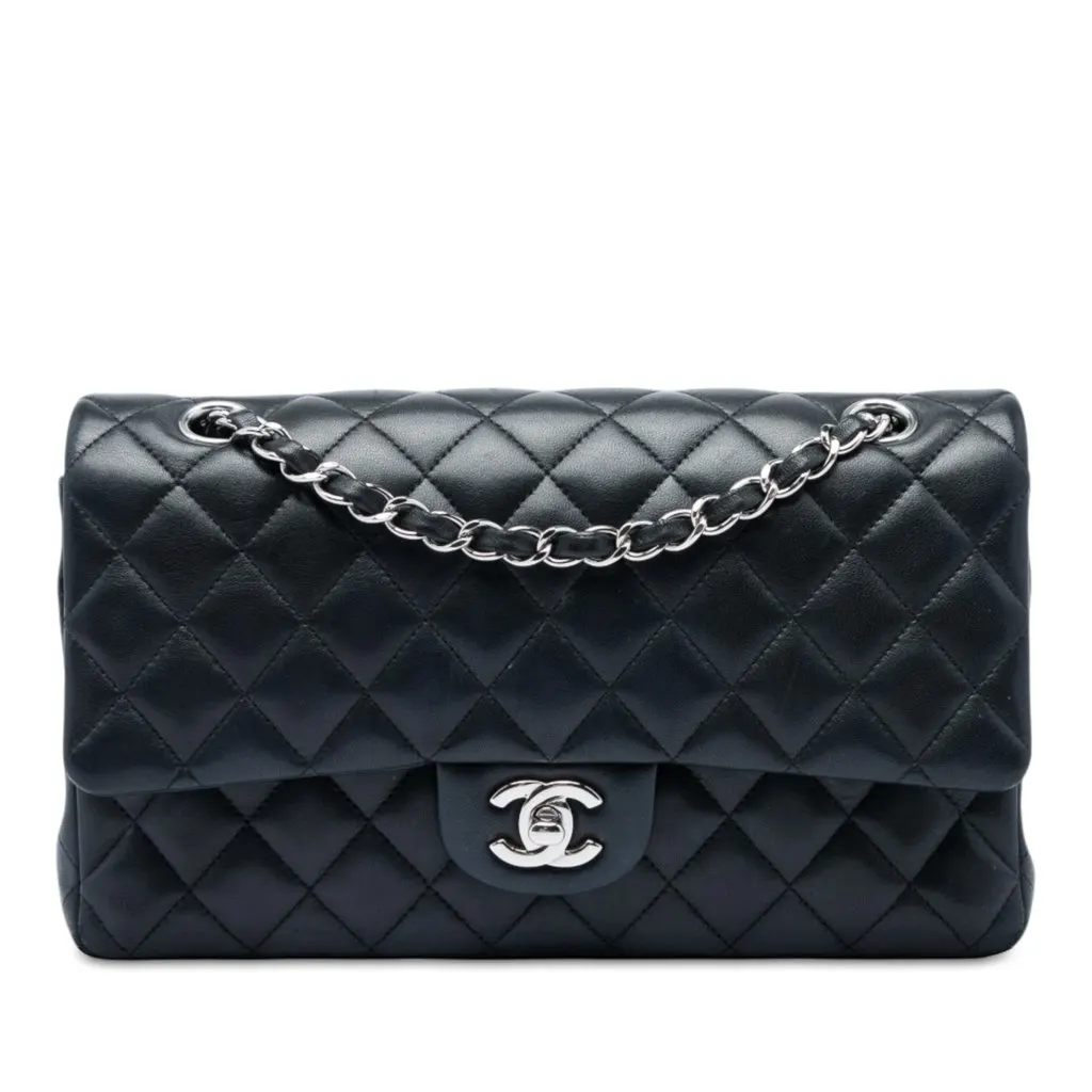 Chanel Medium Classic Lambskin Double Flap Black Leather Very good - Front View