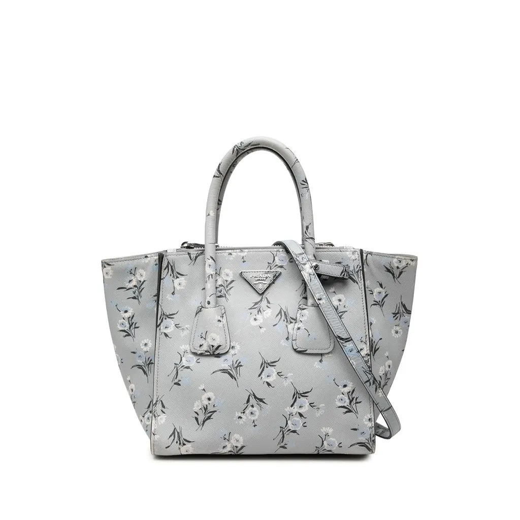 Prada Saffiano Floral Twin Pocket Satchel Grey Leather Good - Front View