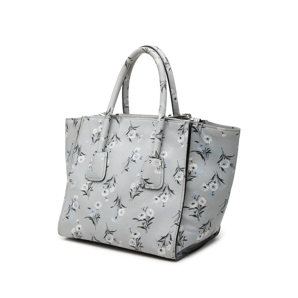 Prada Saffiano Floral Twin Pocket Satchel Grey Leather Good - Back View